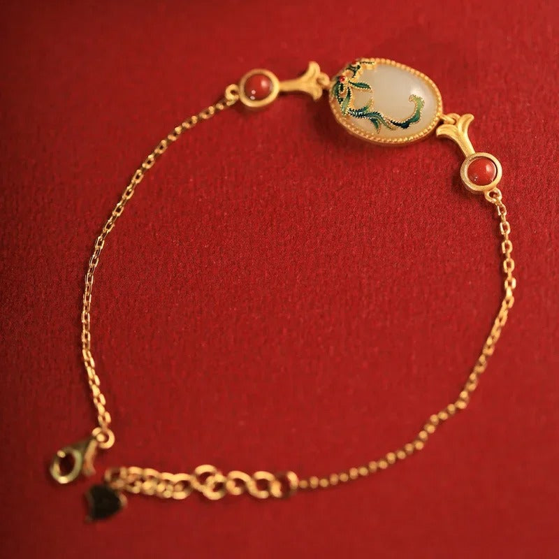 Vintage Gold Green & Red Coral Gem Floral Bracelet