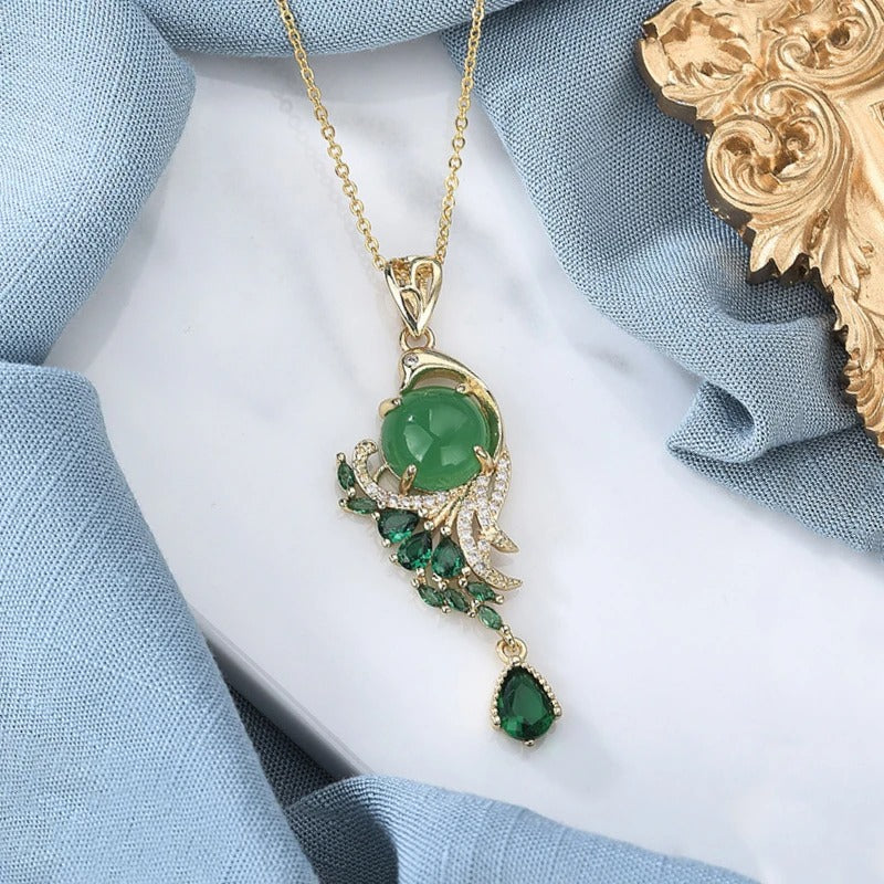 Classic Gold & Wind Green Crystal Phoenix Necklace