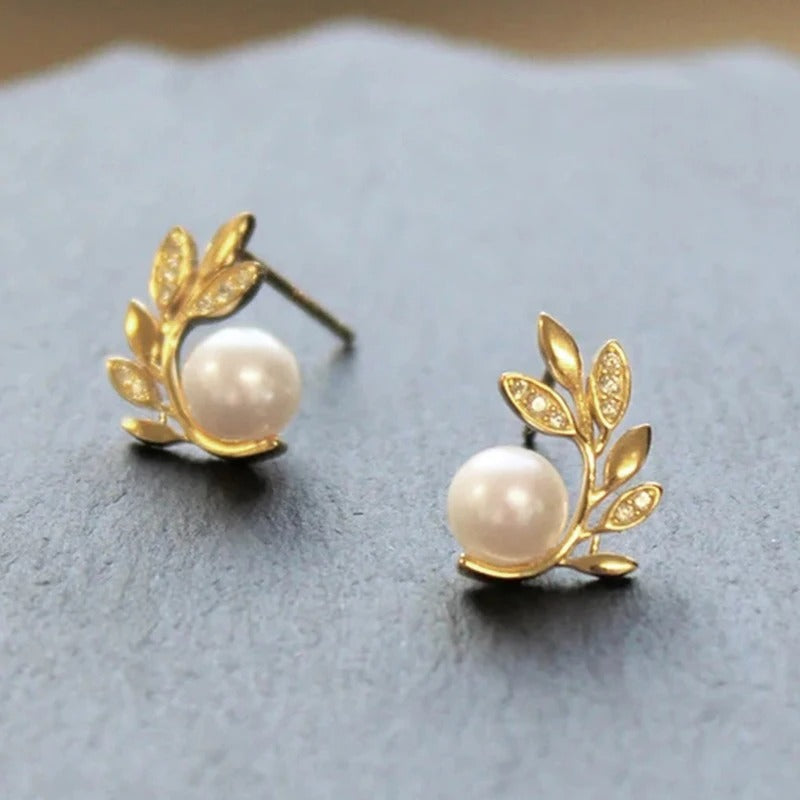 Pearl & Gold Leaf Stud Earrings