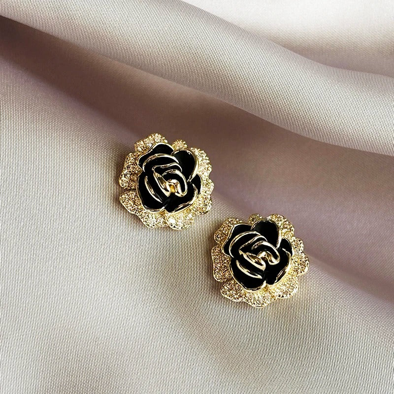 Vintage Gold & Black Rose Stud Earrings