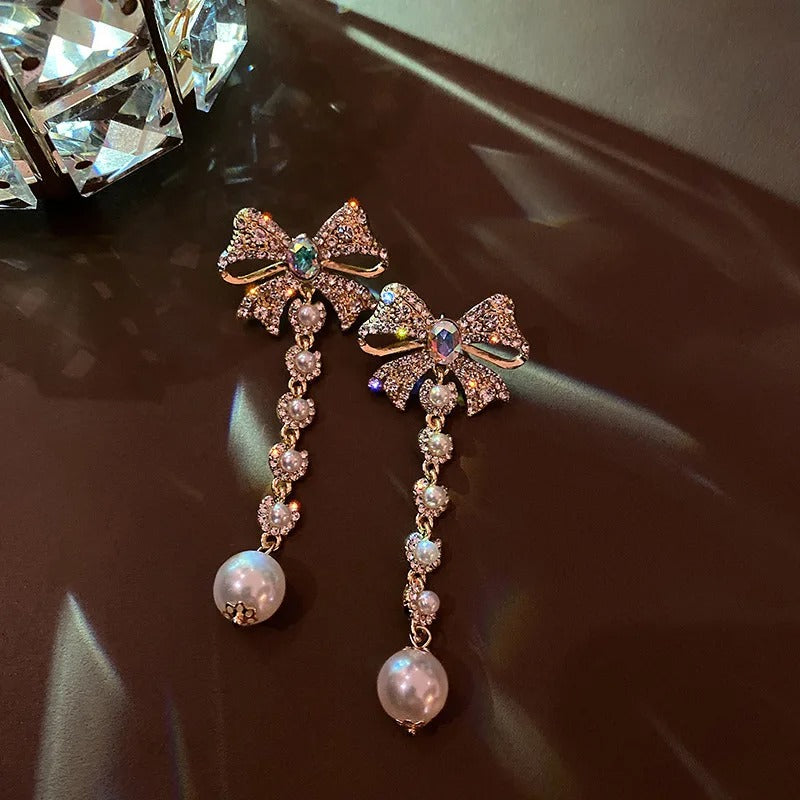 Vintage Gold Crystal Bow Pearl Drop Earrings