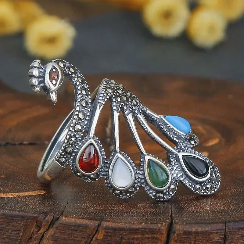 Ethnic Silver Multicolor Gemstone Gorgeous Peacock Ring