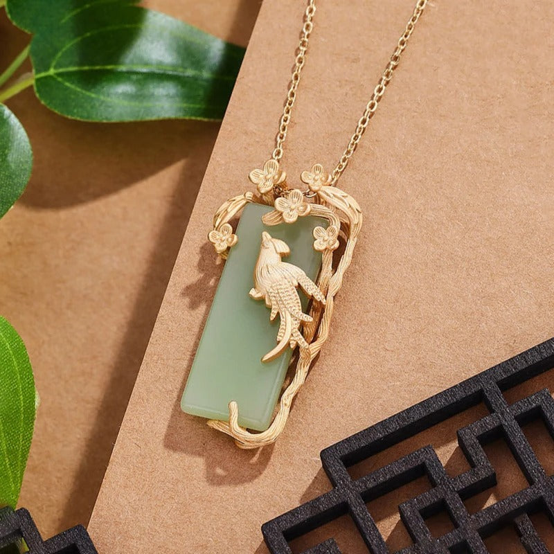 Gold Bird Green Gem & Magpie Flower Branch Pendant Necklace