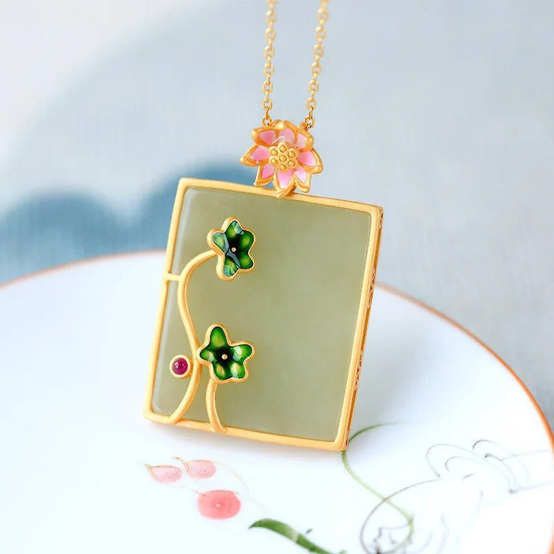 Vintage Green Blossom Gold Framed Leaf Necklace