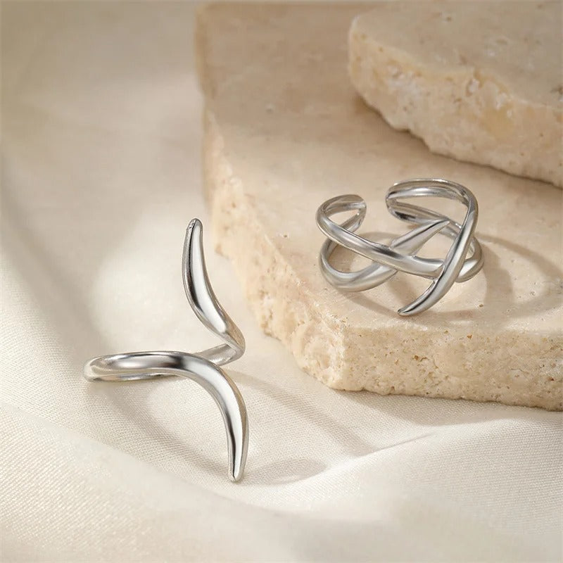 Vintage Silver Twist Sculpted Curved Design Adjustable Ring Set
