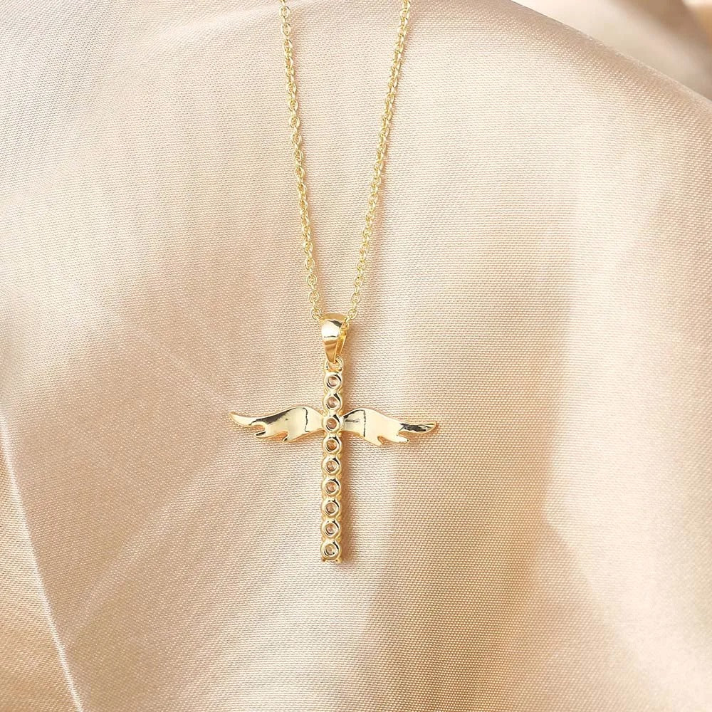 Gold Angelic Winged Cross Pendant Necklace