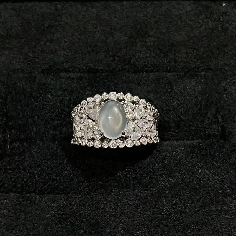 Classic Vintage Silver Moonstone Halo Ring