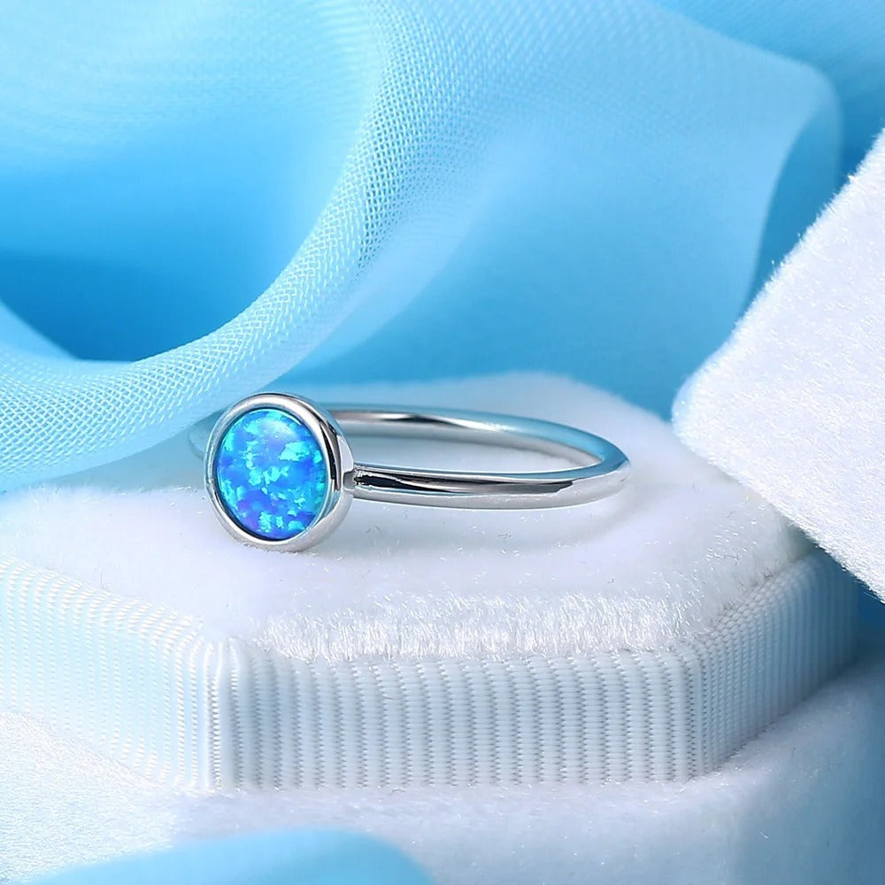 Silver Round Blue Opal Gem Ring
