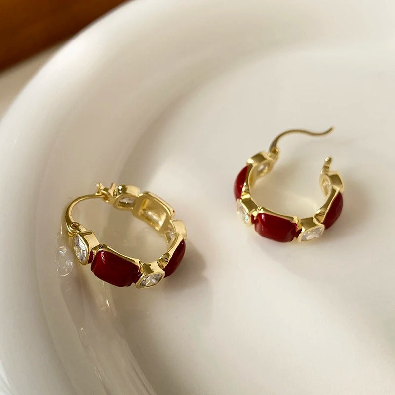 Vintage Gold & Red Stone Hoop Earrings