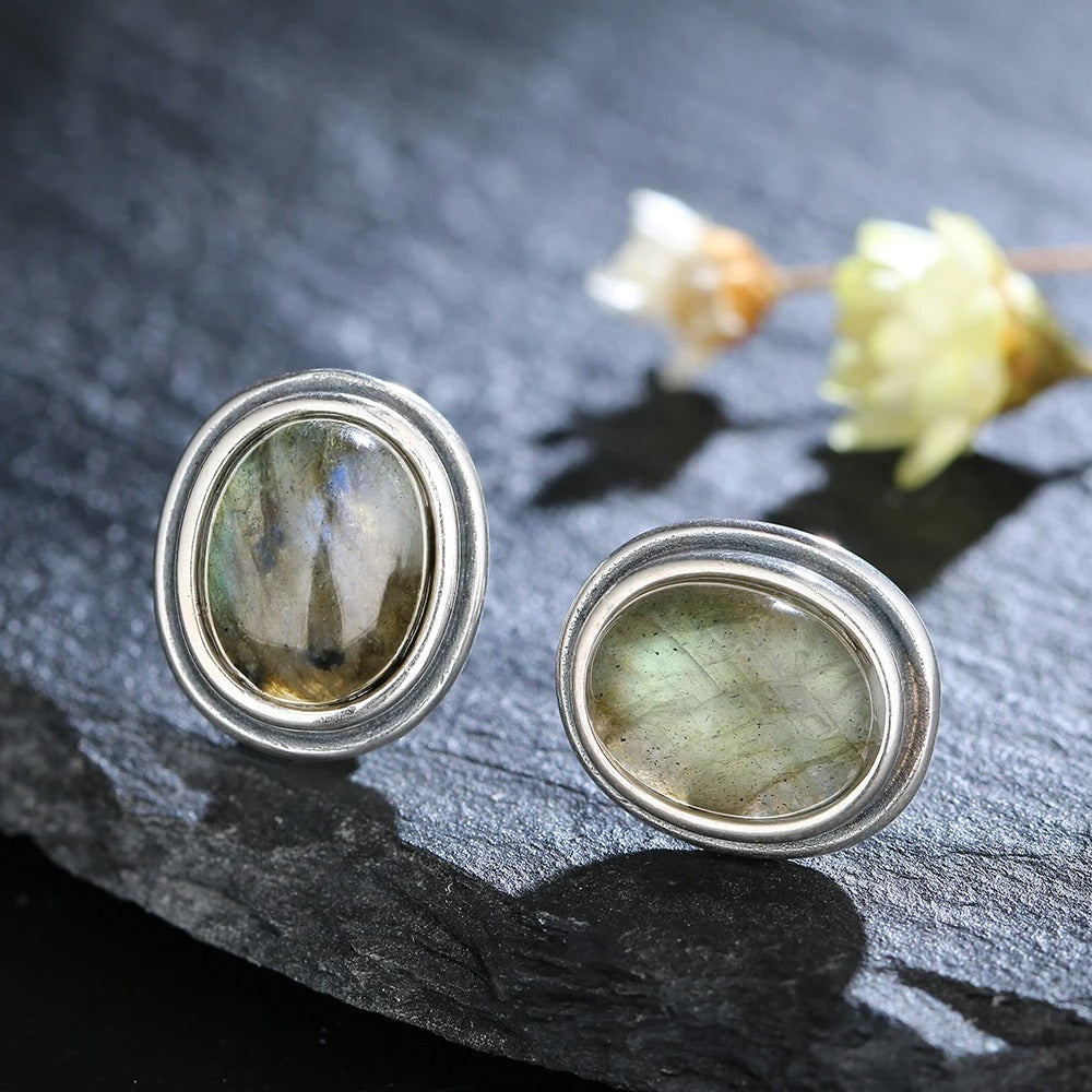 Vintage Silver Labradorite Stud Earrings