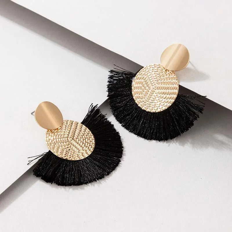 Vintage Gold & Black Fringe Textured Disc Dangle Earrings