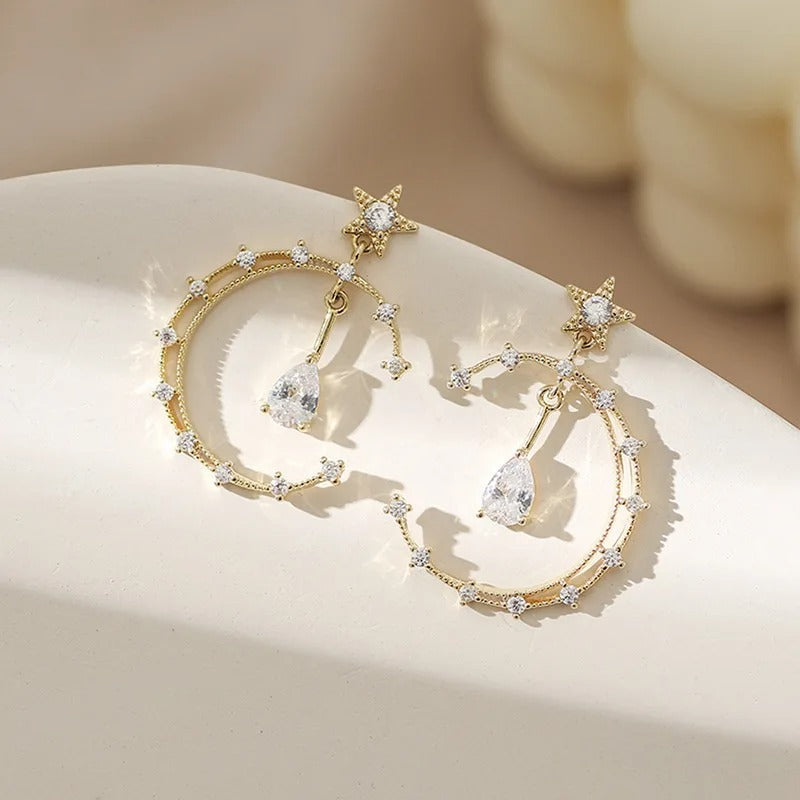 Vintage Gold Crystal Crescent & Star Earrings