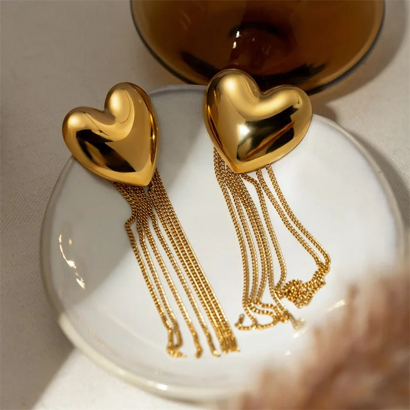 Vintage Gold Heart Cascading Chain Earrings