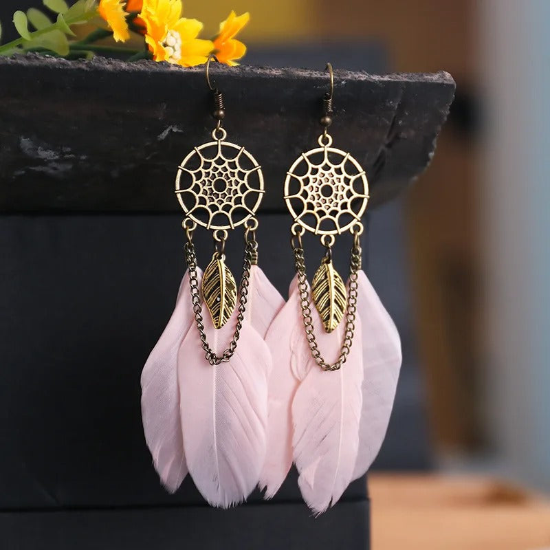 Vintage Gold Dreamcatcher & Pink Feather Earrings