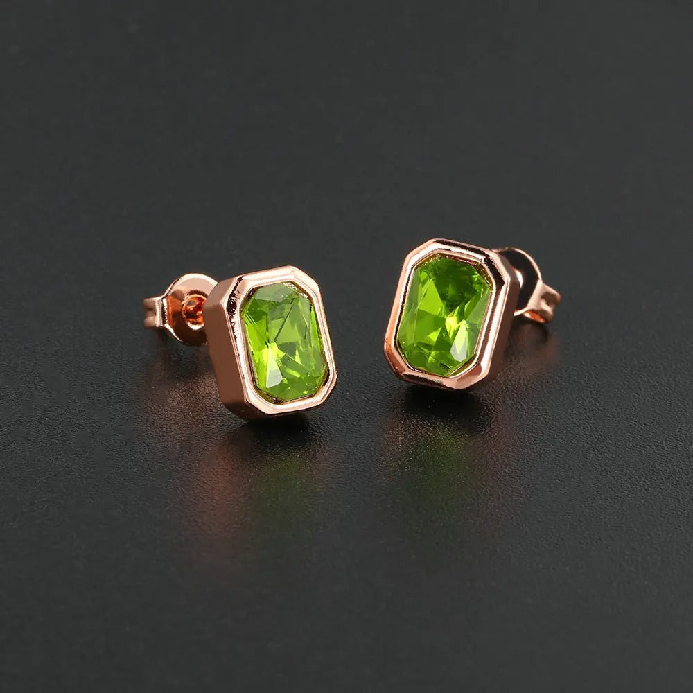 Vintage Rose Gold Green Rectangular Gemstone Earrings