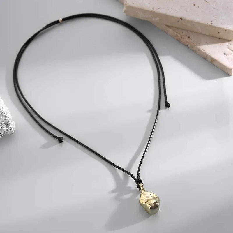 Gold Charm Adjustable Black Rope Necklace