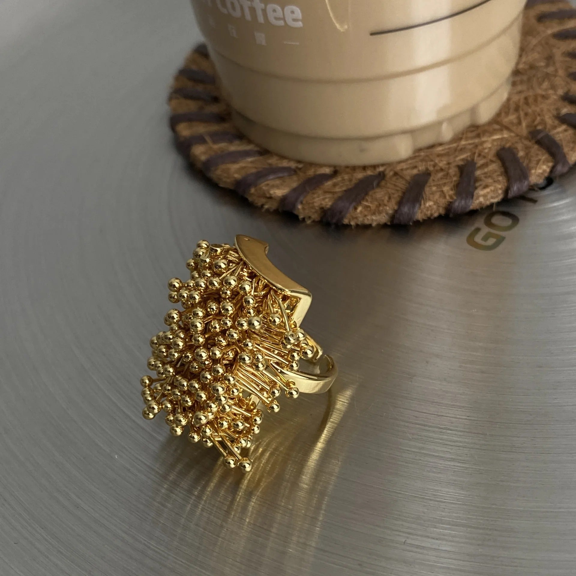 Gold Bold Ball-Studded Cluster Adjustable Ring