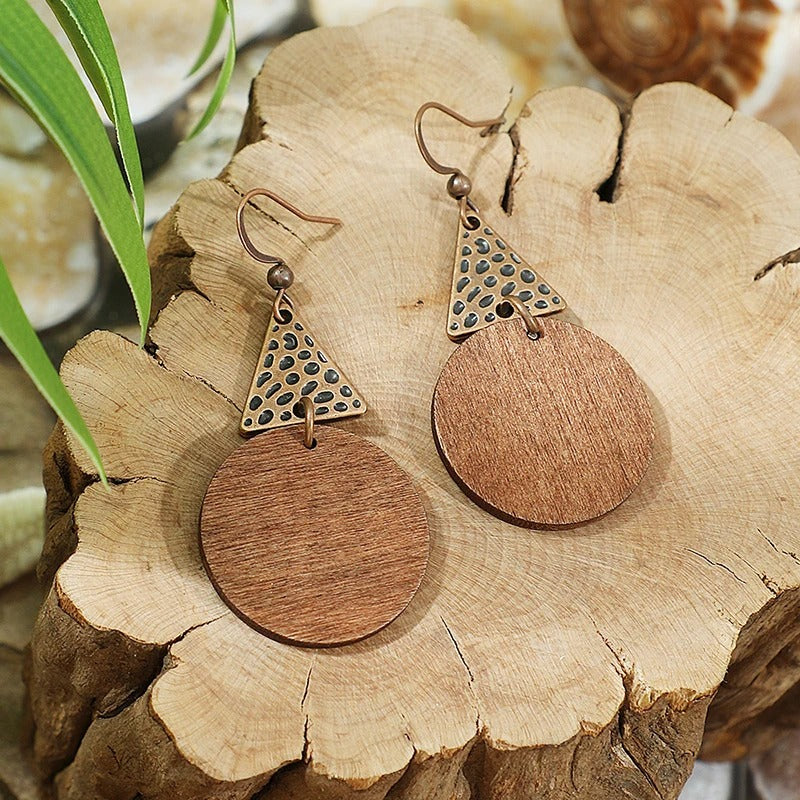 Wooden Disc & Carved Triangle Drop Earrings
