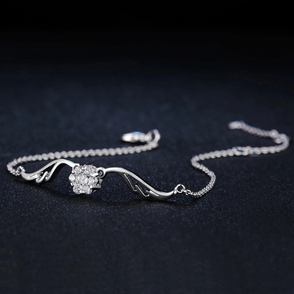 Vintage Silver Crystal Flower & Curved Design Bracelet