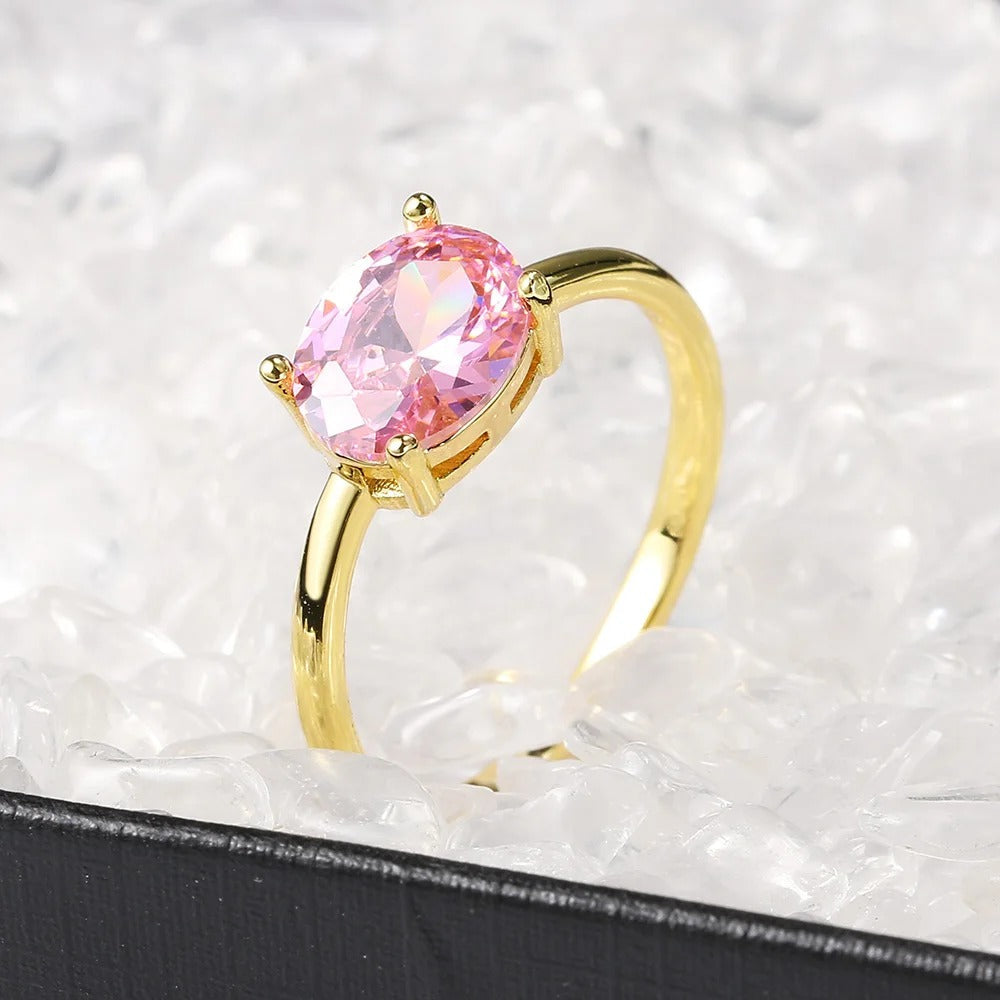 Gold Oval Pink Center Stone & Smooth Band Ring