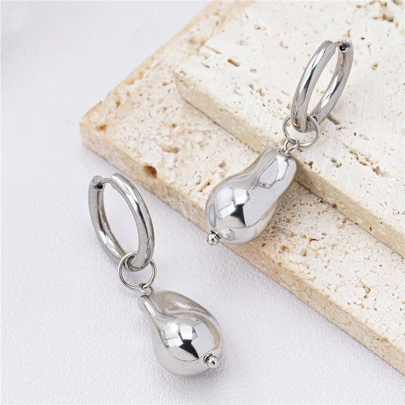 Retro Silver Smooth Pear Drop Accent Hoop Earrings