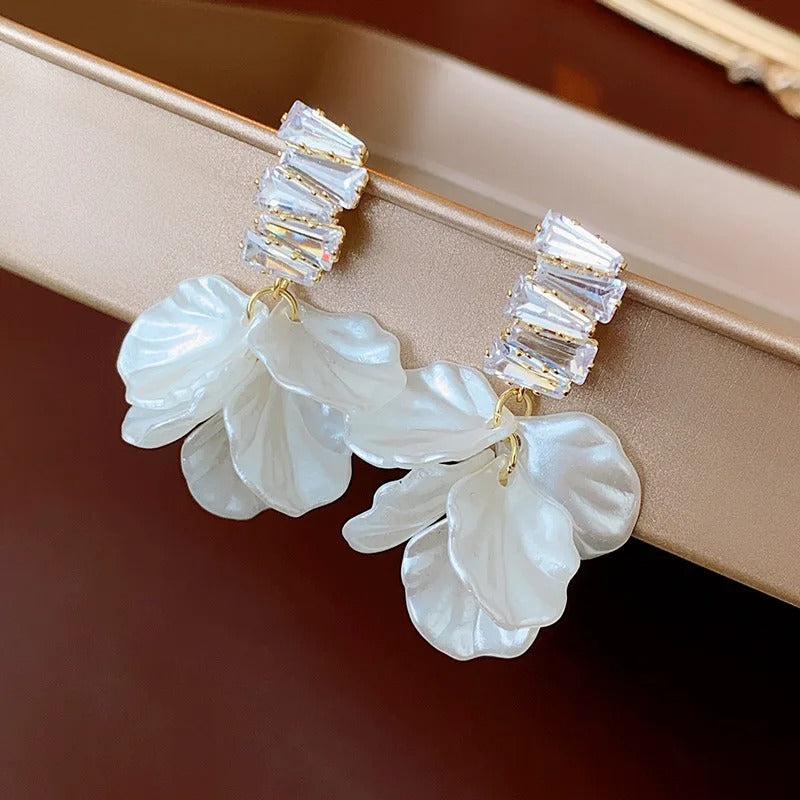 Sparkling Crystal Top Pearl Petal Earrings