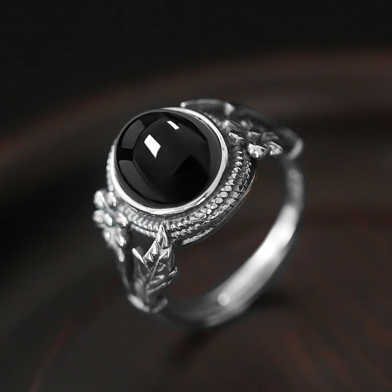 Vintage Black Crystal Flower Silver Ring