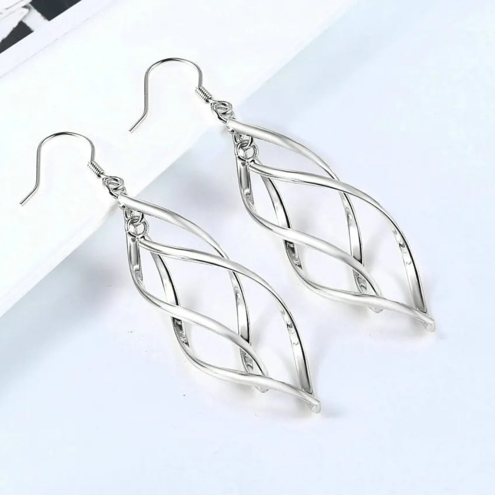 Silver Sculpted Geometric Design Twist Dangle Earrings