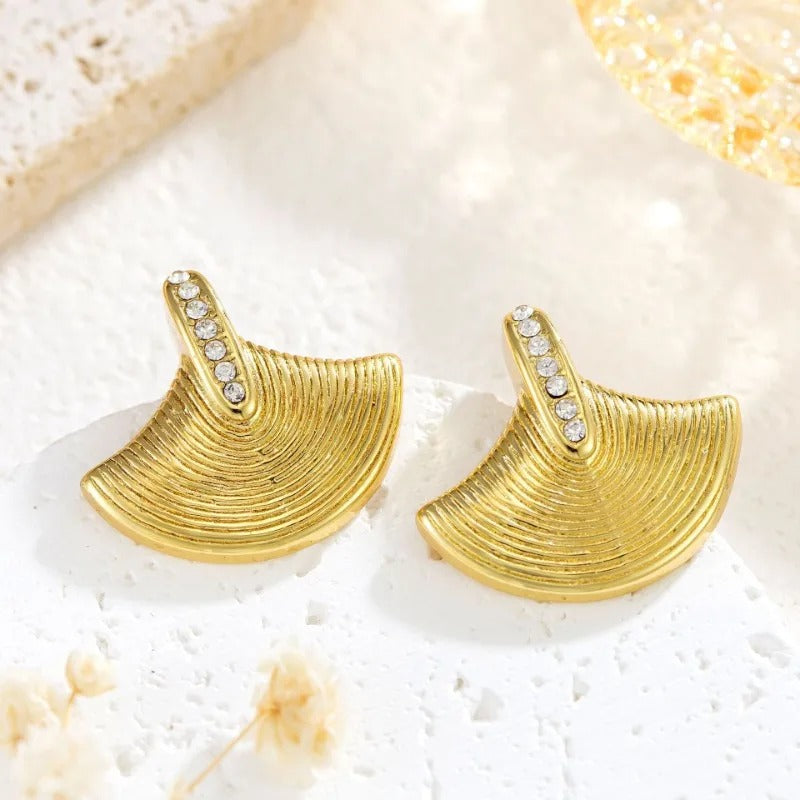 Vintage Gold Fan Crystal Stud Earrings