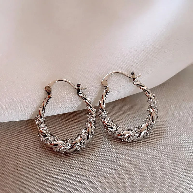 Vintage Twisted Crystal Silver Hoop Earrings