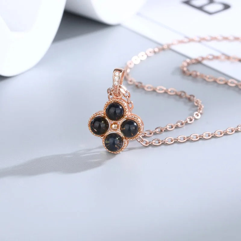 Vintage Blue Amber Clover Pendant Necklace