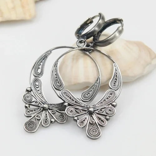 Handmade Silver Flower Dangle Hoops
