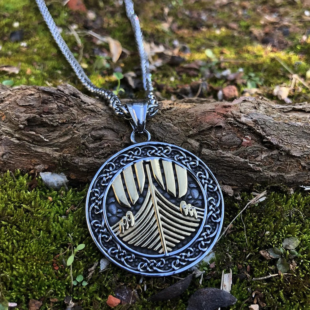 Engraved Nordic Ship Pendant Necklace