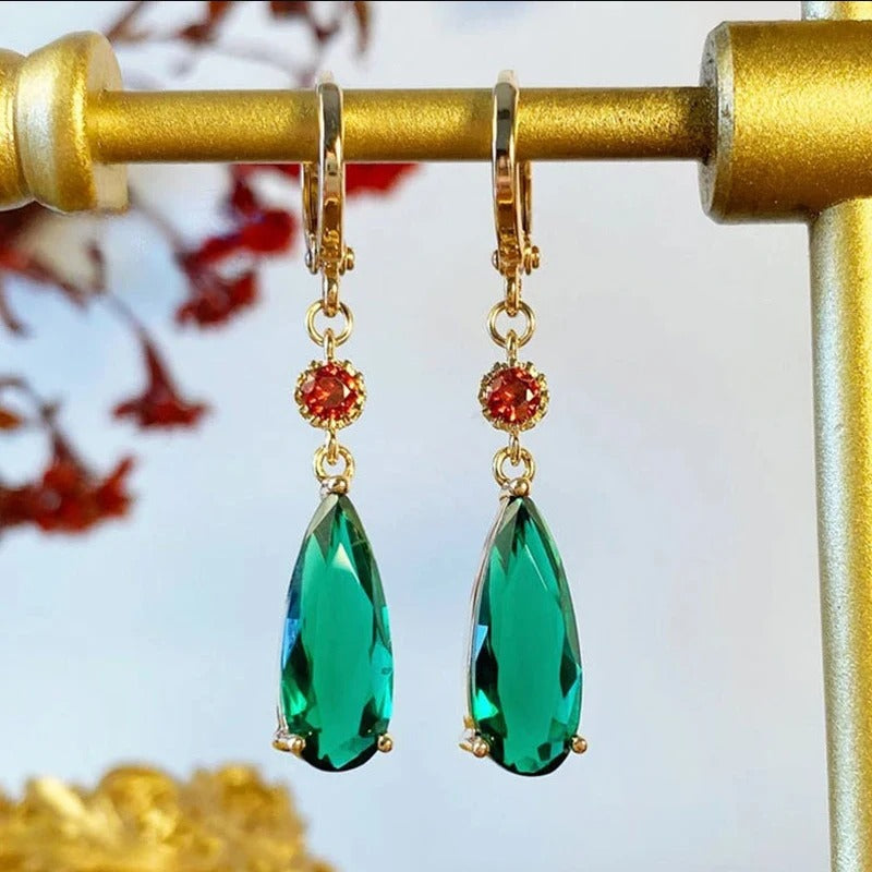 Handmade Gold & Emerald Crystal Drop Earrings