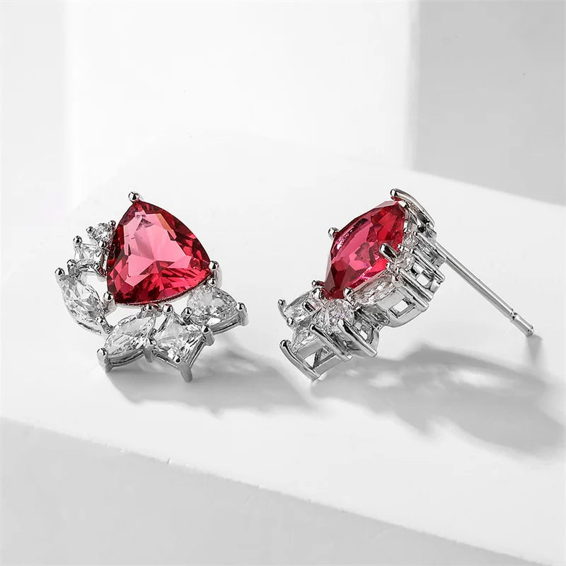 Vintage Silver Red Crystal Stud Earrings
