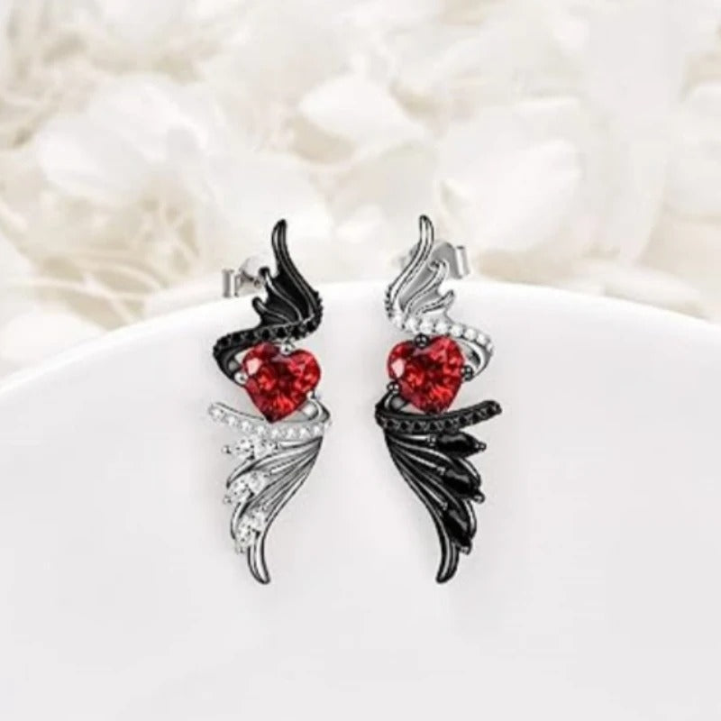 Vintage Silver Red Heart Wing Earrings