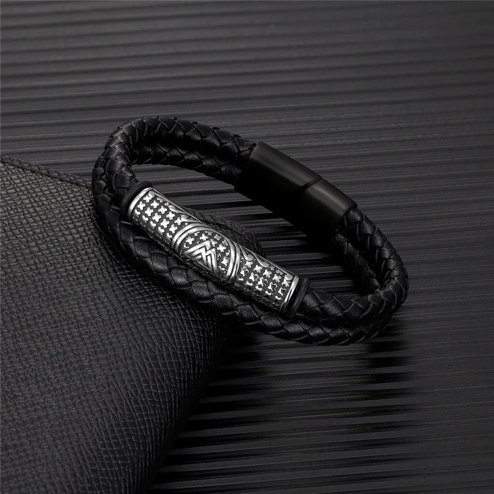 Braided Leather Tribal Silver Charm Bracelet