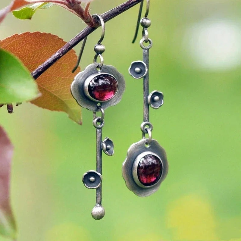 Vintage Silver Floral Garnet Dangle Earrings