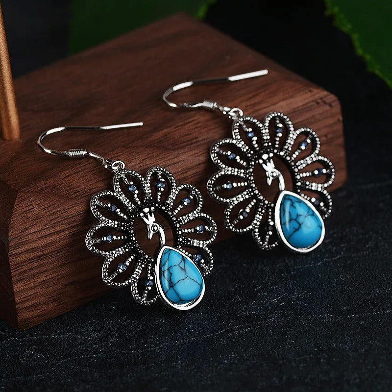 Vintage Silver Peacock Turquoise Earrings