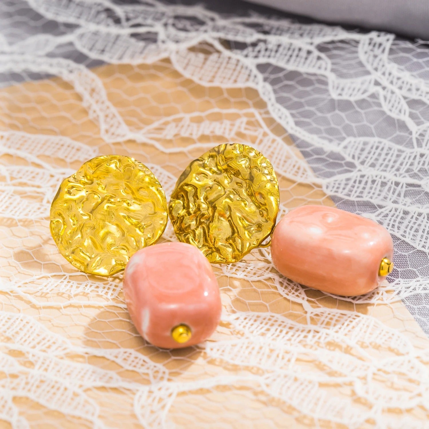 Vintage Gold & Pink Marble Floral Earrings