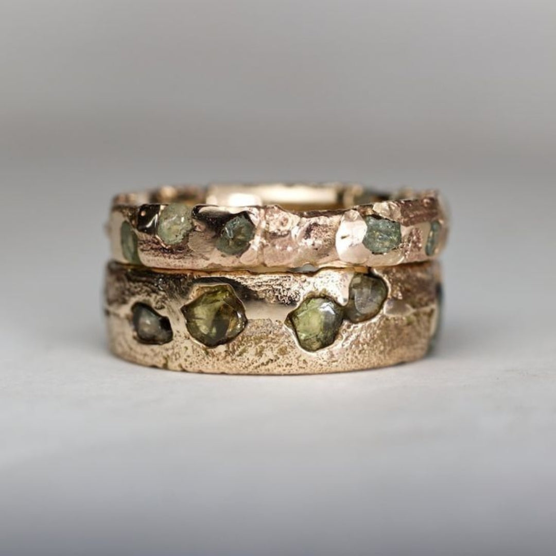 Green Inlaid Stone Forged Ring Set