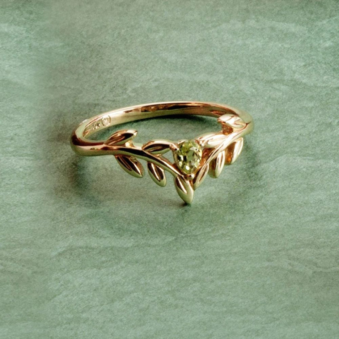 Olive Crystal Gold Leaf Ring
