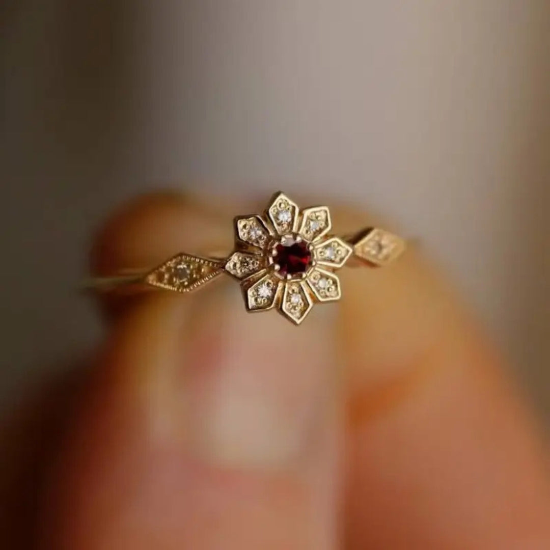 Red Zirconia Bright Flower Gold Ring
