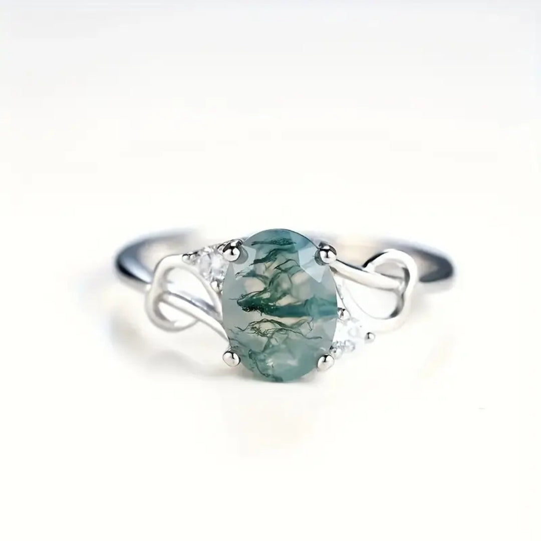 Silvered Nature Green Stone Ring