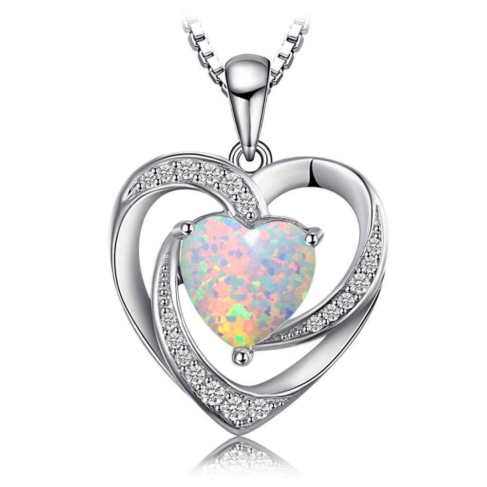 Women's Silver Plated Opal Heart Pendant With 18 Inch Chain