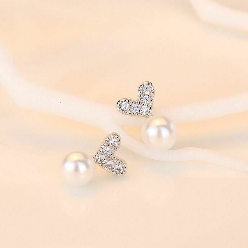 Women's Silver Plated Crystal Heart Shaped Pearl Stud Earrings