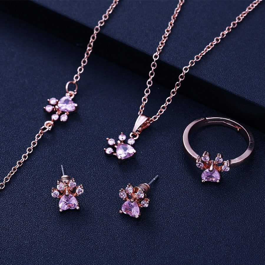 Rose Gold Paw Jewelry Set 4 Pieces with Zirconia Heart