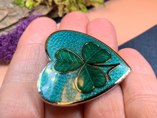 Enamel Shamrock Heart Brooch