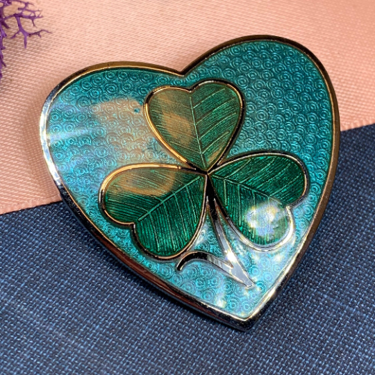 Enamel Shamrock Heart Brooch