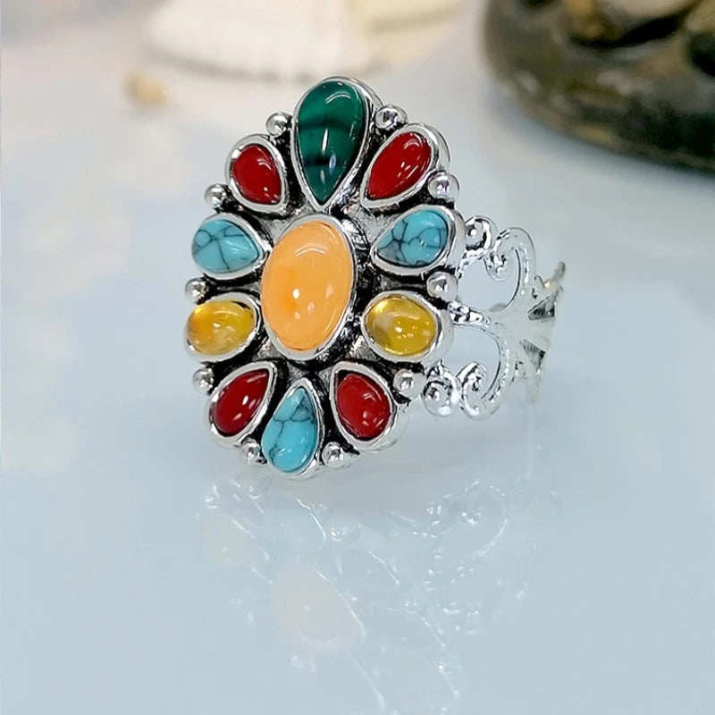 Vintage Silver Multicolor Gemstone Adjustable Ring